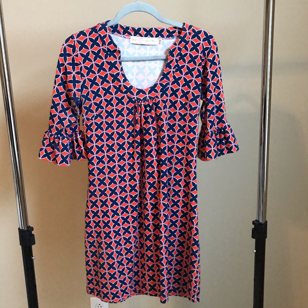 Orange and blue dress with flare sleeve